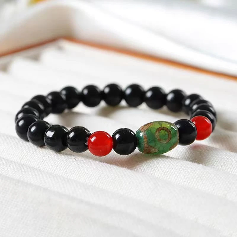 天然玉石 黑曜石三眼天珠玛瑙手串