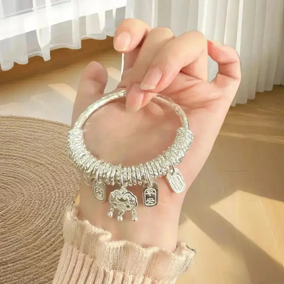 999.9足银吉言盘缠银手镯平安喜乐中式手环平安锁吉言银手镯子