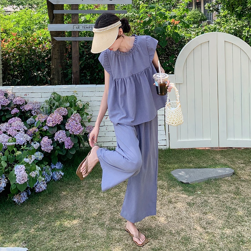 2025夏季新款韩版时尚气质百搭显瘦飞飞袖上衣阔腿长裤两件套