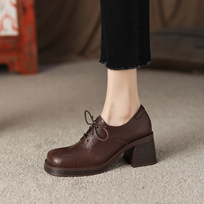 李大龙~牛皮6.5公分/圆头百搭系带乐福鞋方头粗跟英伦风真皮单鞋