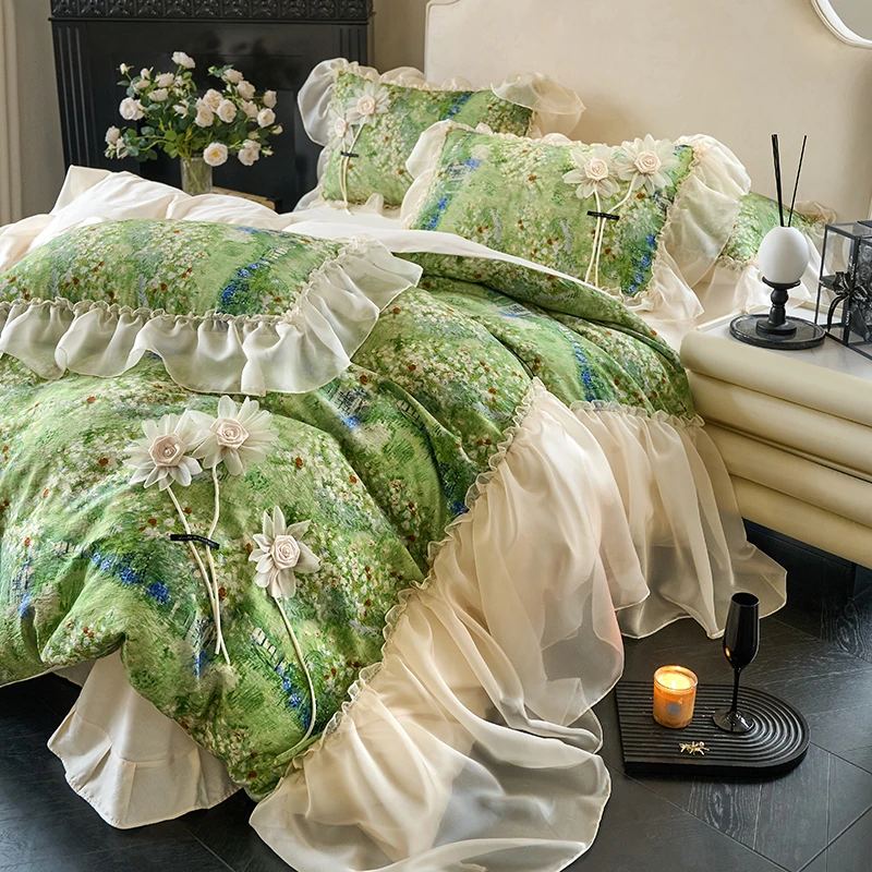 法式浪漫公主风全棉床裙款四件套纯棉荷叶边被套少女心床品油画风
