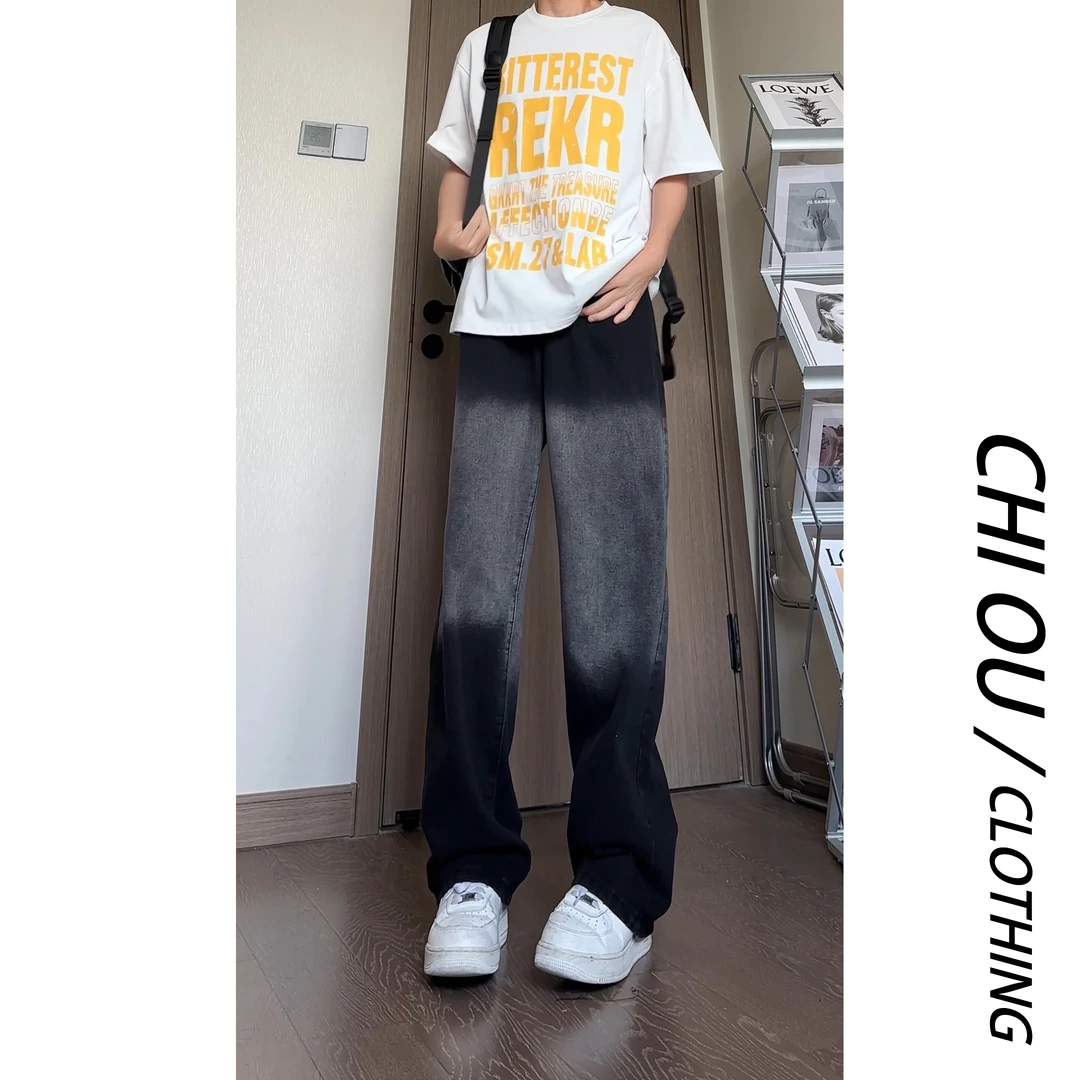 美式撞色牛仔裤新款男款复古设计款高街休闲百搭设计款微喇长裤