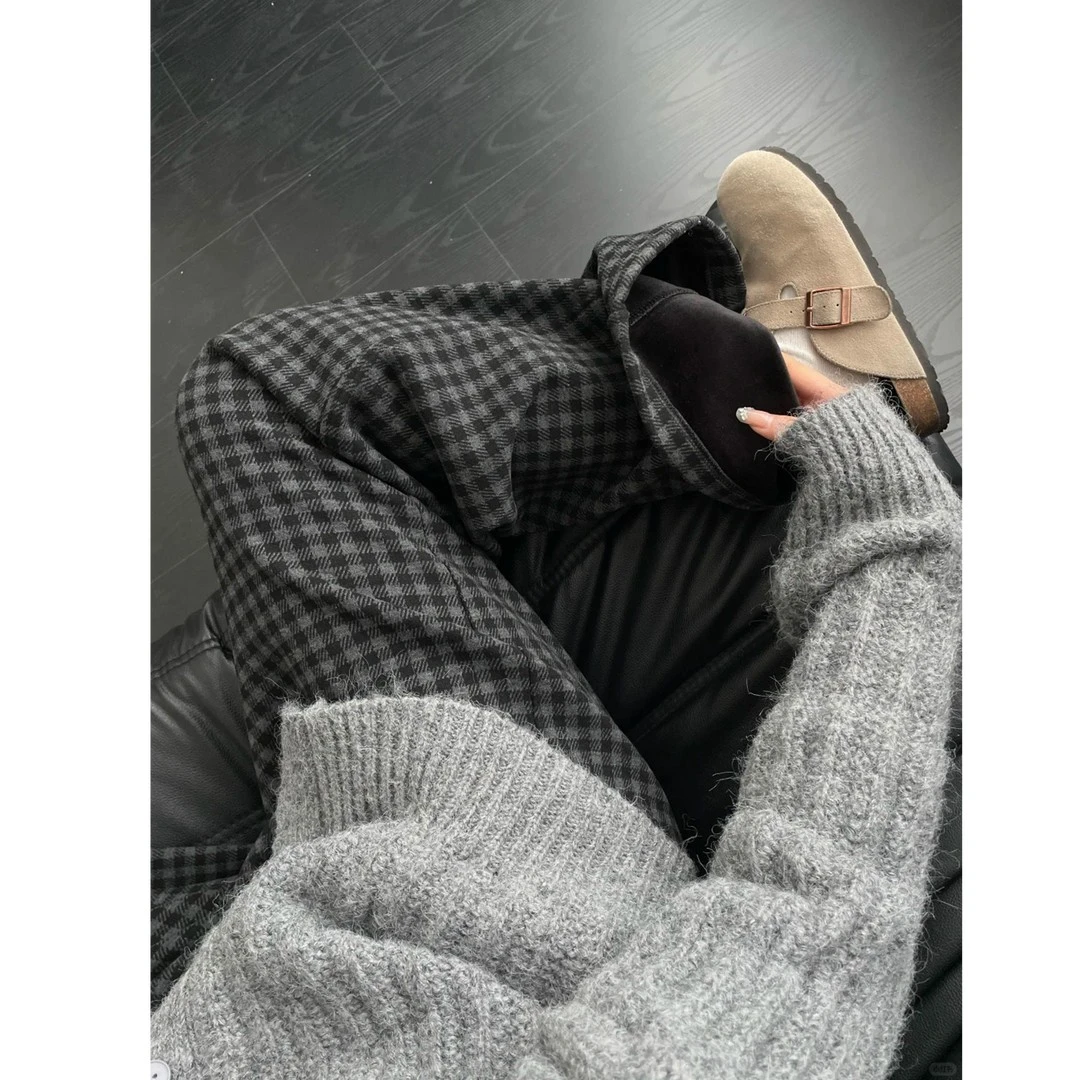 冬季格子加绒加厚高腰显瘦直筒阔腿裤女大码梨型身材宽松遮胯裤子