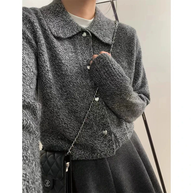 【花纱爱心扣开衫】娃娃领设计感针织开衫