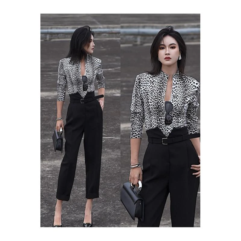 SU YAN 春夏款原创时尚设计感休闲气质短款豹纹双拉链衬衫 3215