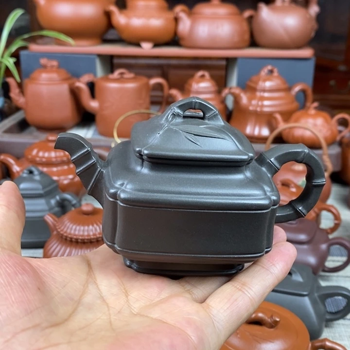 紫砂茶壶四方竹鼓200cc原矿古天青紫砂特价