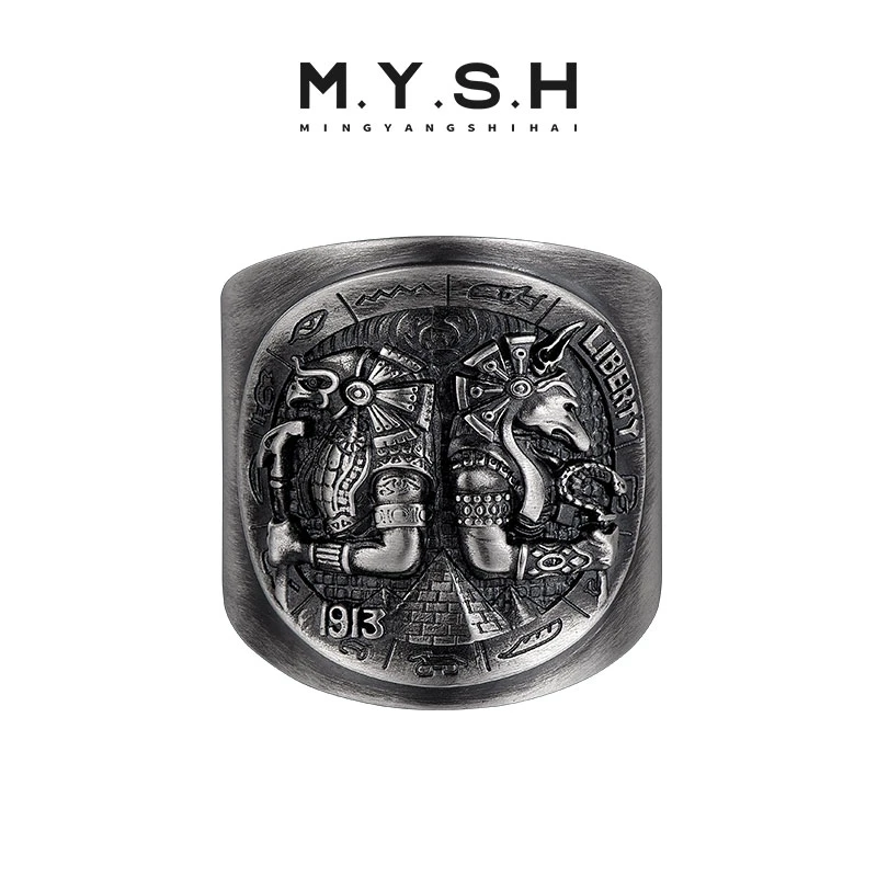 925银戒指 MYSH埃及之神荷鲁斯阿努比斯戒指复古个性百搭开口戒