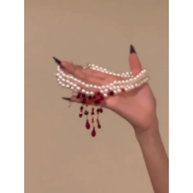 铜合金合成锆石项链 红色水晶流苏珍珠项链女辣妹风choker锁骨链