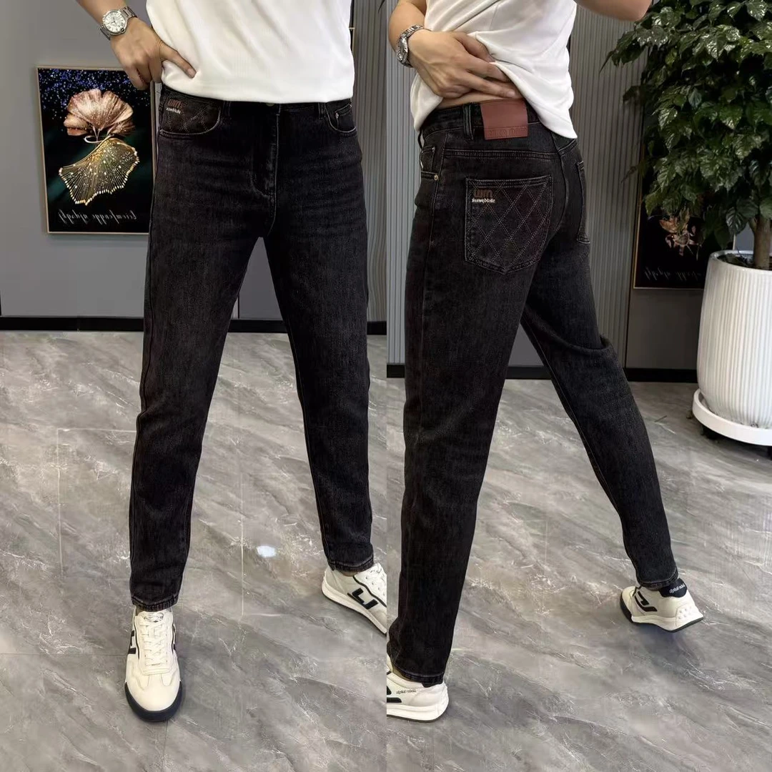 裤子男款时尚男士牛仔裤黑色百搭小直筒裤男弹力舒适裤兜刺绣长裤
