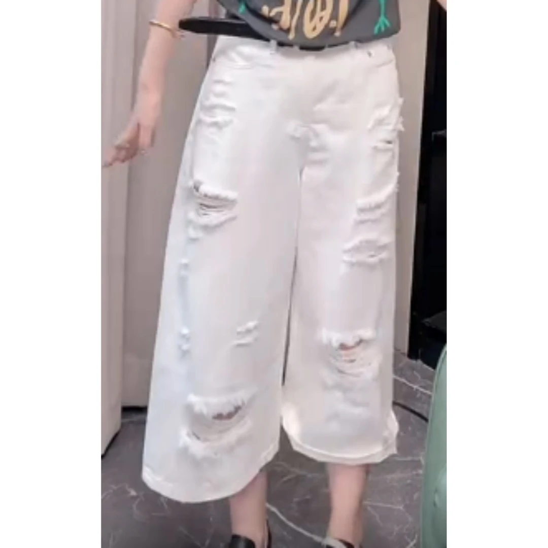 2025夏季新款高腰显瘦大码阔腿显瘦破洞白牛仔裤分裤