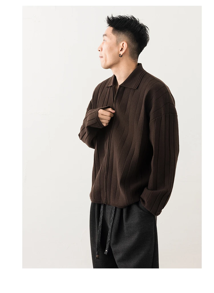 【Palm Grain】秋冬款坑条针织衫毛衣休闲翻领开衫外套男86320