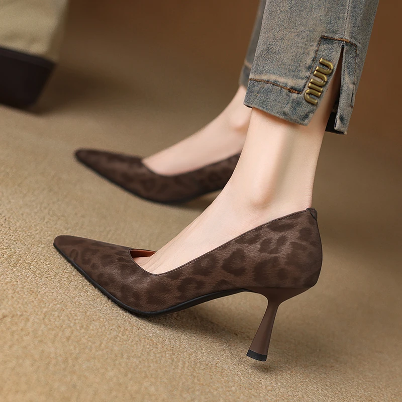 牛皮7cm 2025新款豹纹时尚高跟鞋女春秋尖头细跟气质法式浅口单鞋