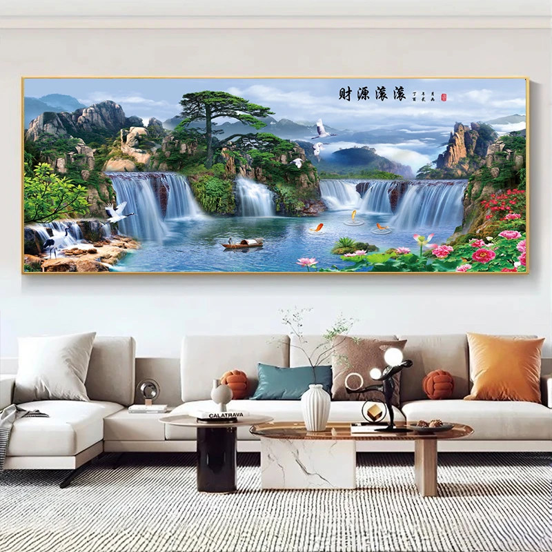 客厅沙发装饰画办公室大气中式山水风景画挂画高端茶室背景墙壁画
