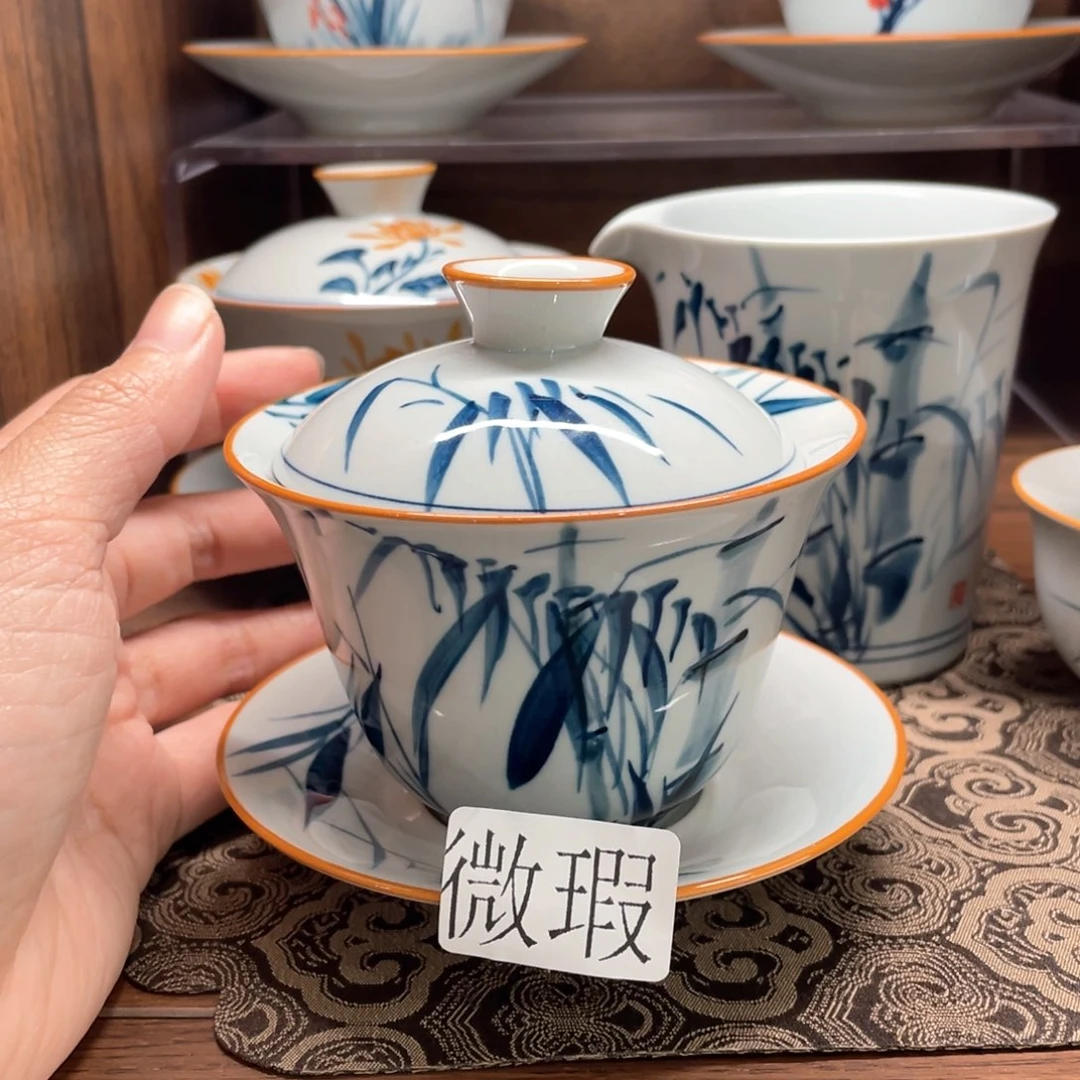釉下手绘茶具微瑕