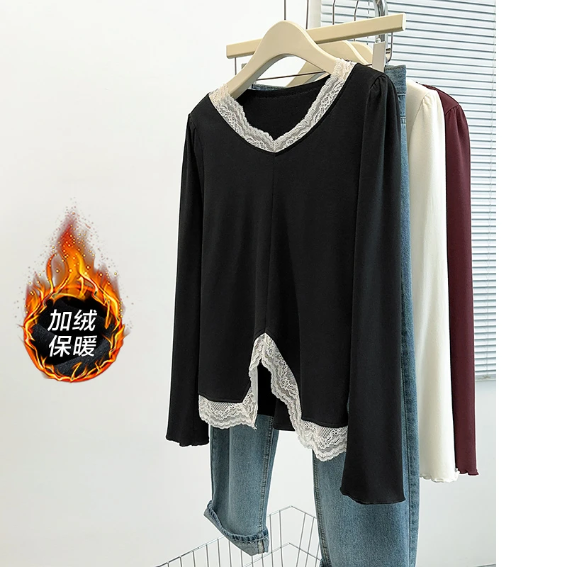 奢姿2024冬季新款大码女装波浪V领上衣胖妹妹蕾丝边拼接加绒衬衫