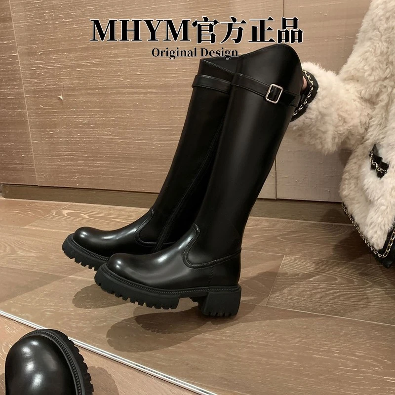 高级感MH官方同款圆头斜口扣带厚底长筒靴子女高筒骑士靴