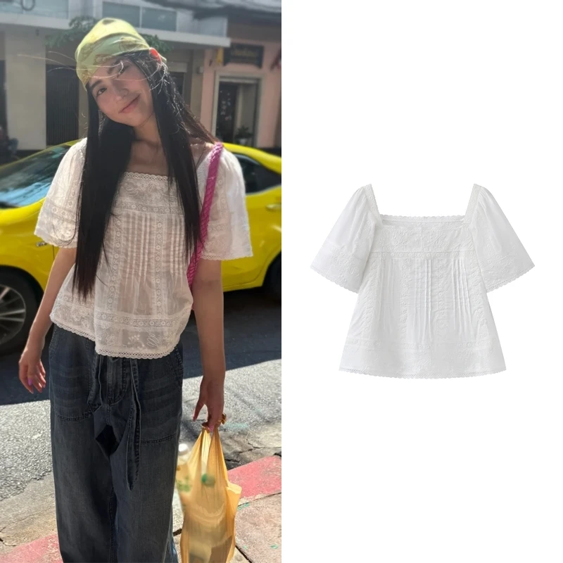 【短袖衬衫】2025夏装新品浪漫花边白色方领衬衫女I6208