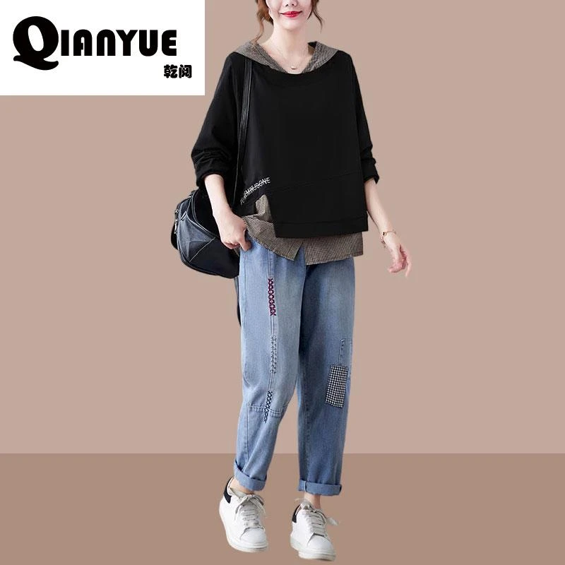 Qianyue2025秋季复古长袖文艺休闲牛仔裤格子拼接假两件连帽卫衣