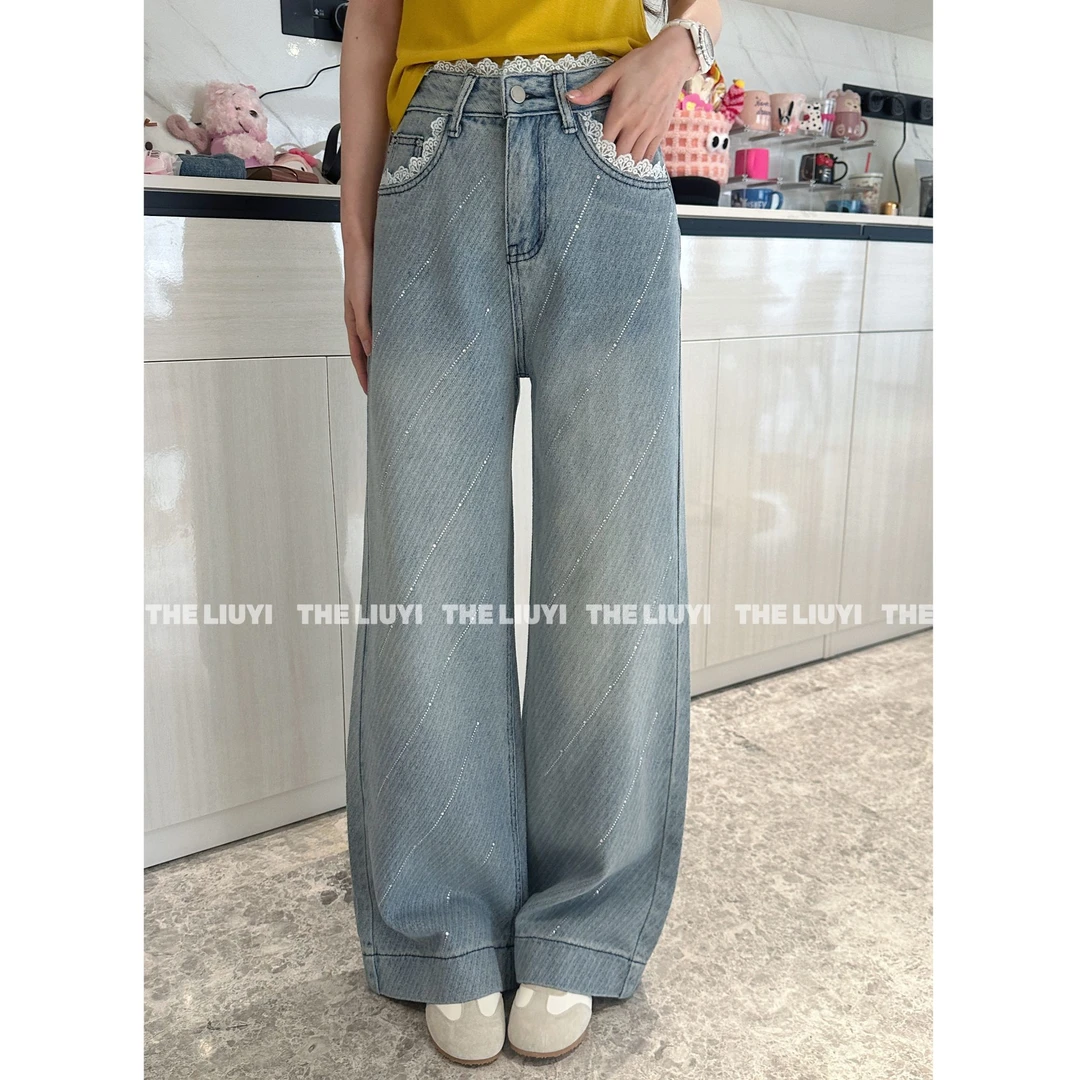 【LIUYI】流星雨~高腰花边拼接烫钻牛仔长裤52271