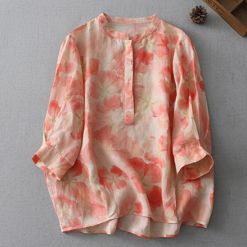 碎花轻薄七分袖衬衫2025夏季文艺复古小清新印花宽松立领小衫上衣