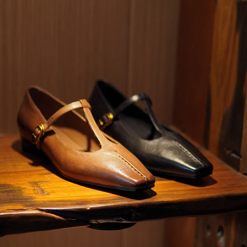 2025春季复古低跟牛皮单鞋女法式真皮粗跟一字带玛丽珍方头浅口鞋