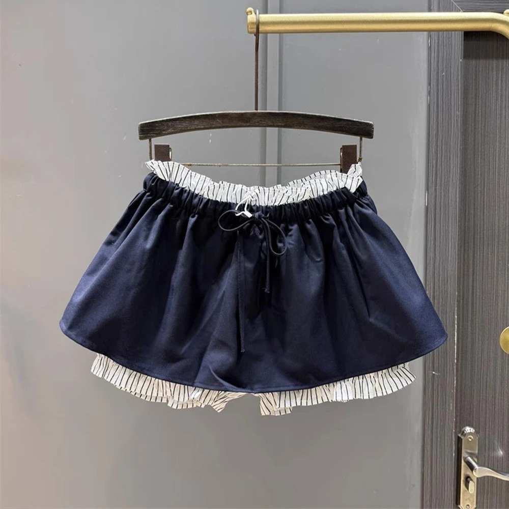 甜酷辣妹休闲百搭花苞短裙女夏季松紧腰系带减龄气质a字半身裙潮