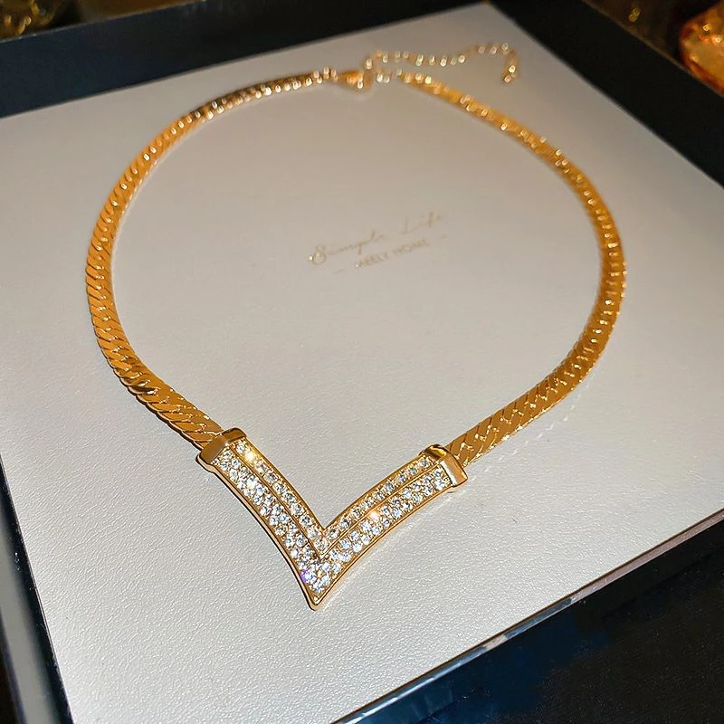 合金合成锆石项链 时尚中古风v形颈链复古小众气质锁骨链新款耳饰