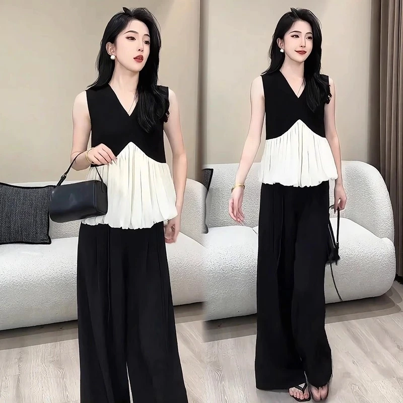时尚套装女2025夏新款洋气减龄撞色无袖上衣显瘦阔腿裤气质两件套