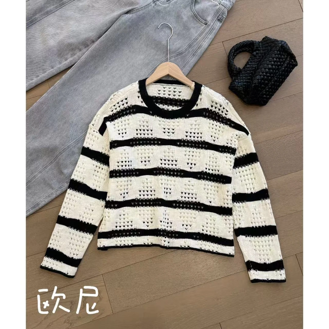 欧尼私服 2025早春温柔简约镂空条纹针织衫2502C276
