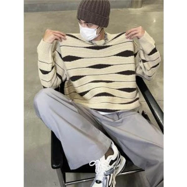 美式复古撞色条纹拼接毛衣男秋冬季慵懒高级感潮牌情侣针织衫