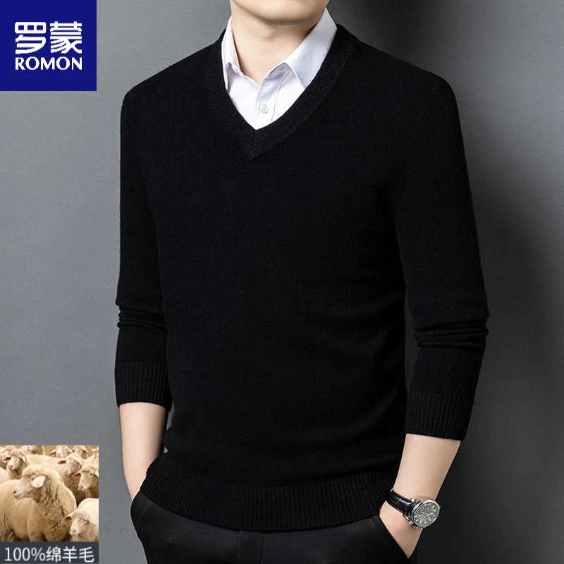 罗蒙男装秋冬新款男士纯羊毛V领毛衣高品质商务休闲保暖V领针织衫