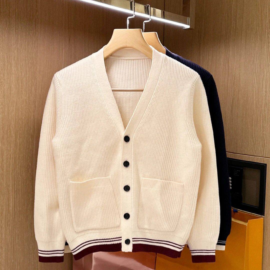 老钱学院风V领开衫针织衫男 冬季新款高级拼色休闲保暖毛衣外套男