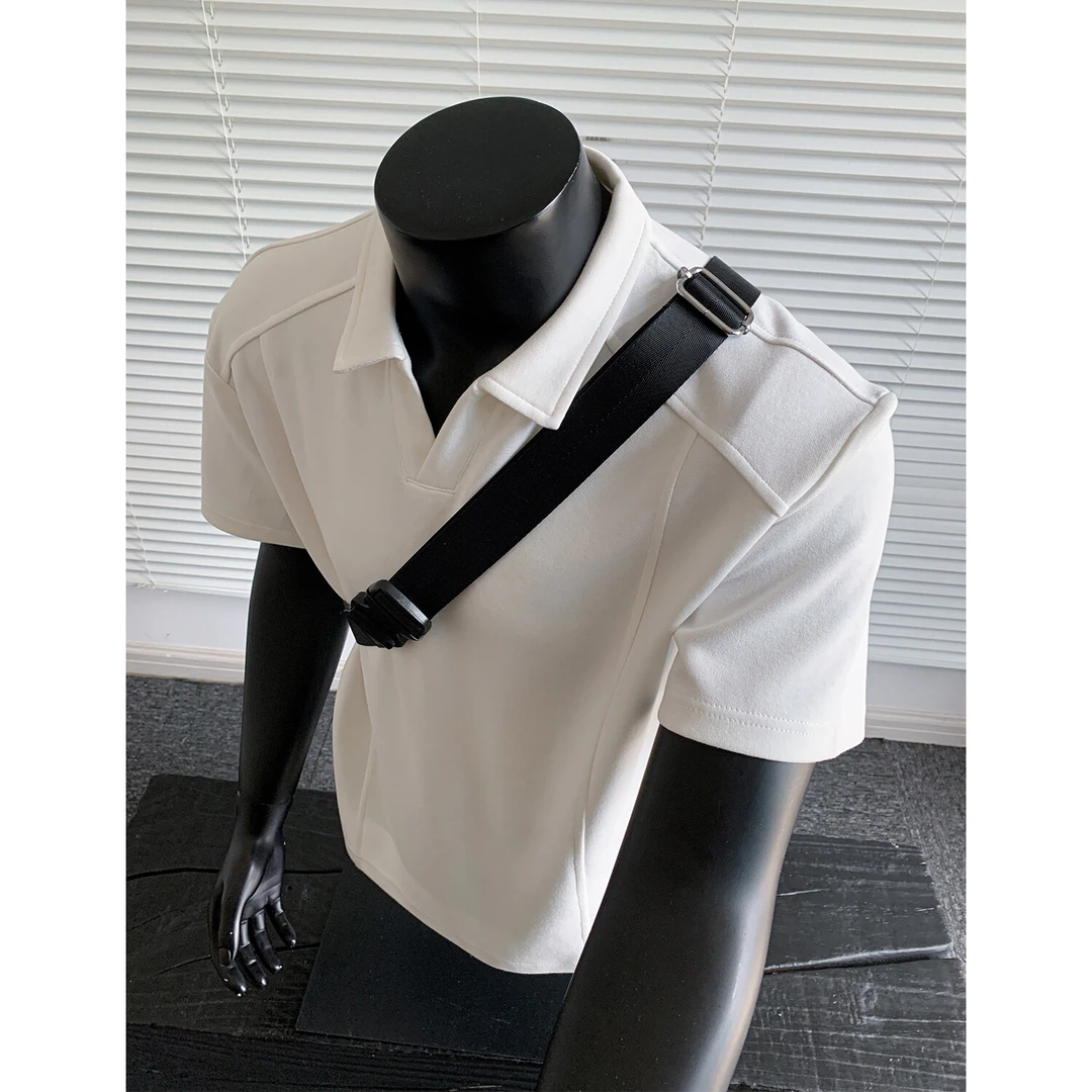 美式正肩短袖polo衫男款夏季重磅衬衫翻领T恤插肩袖cleanfit半袖