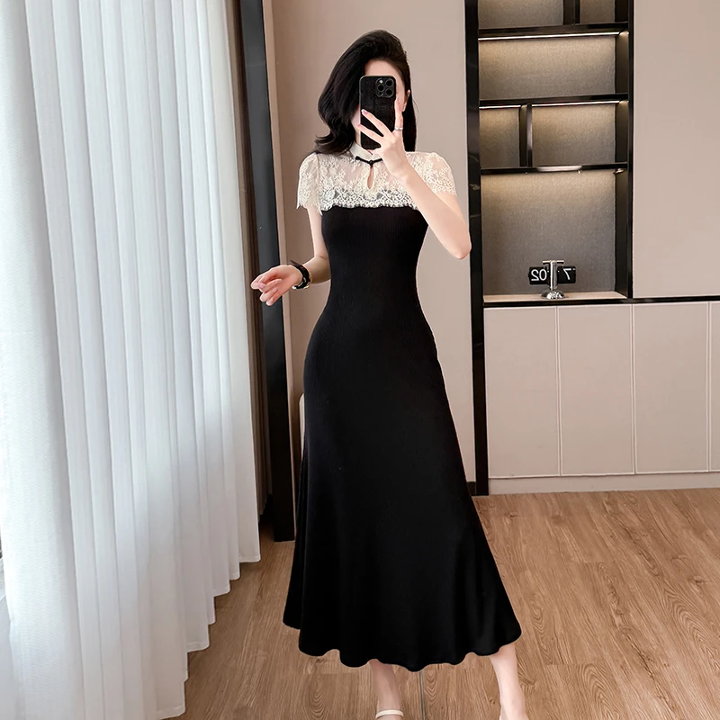 实拍 锦绣河山新中式蕾丝连衣裙针织收腰拼接长裙女显瘦修身夏季