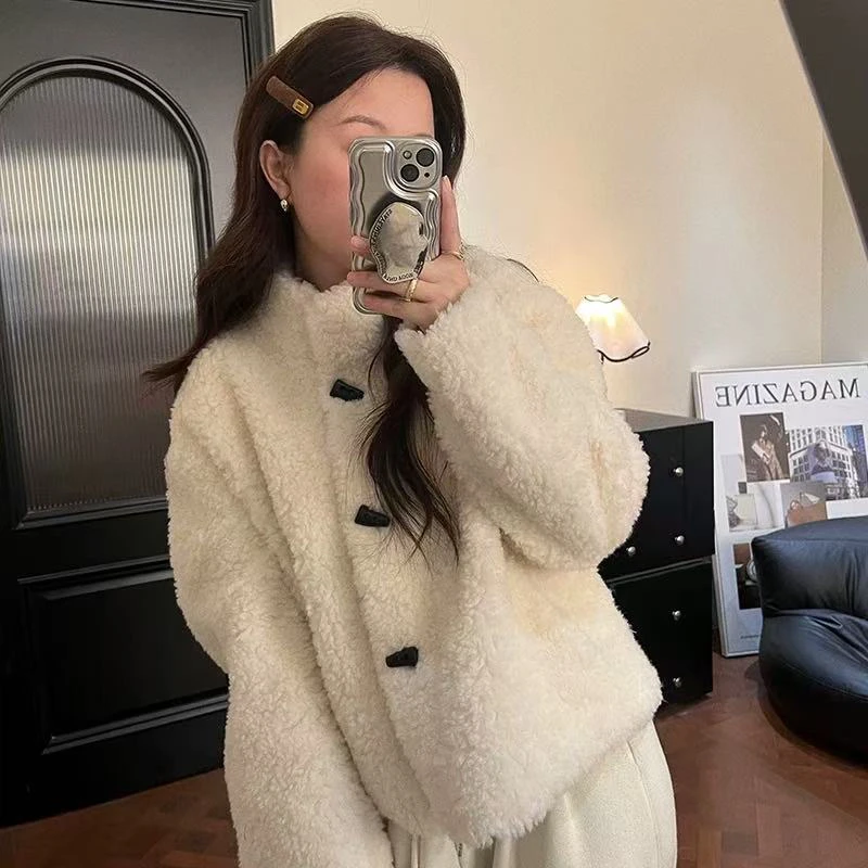 24年冬气质拉满羊羔毛皮毛一体立领单排扣外套