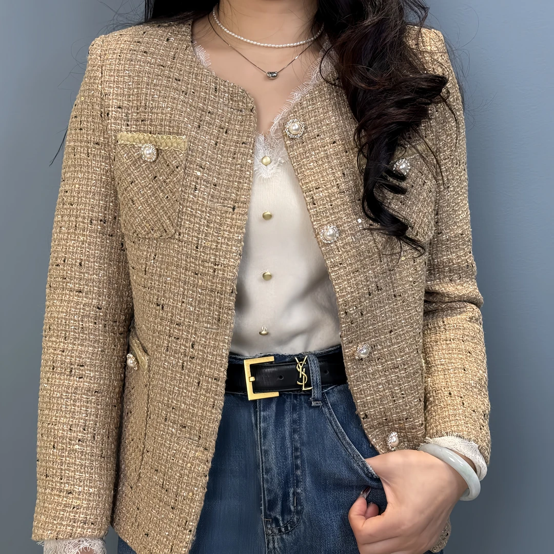 春季新品时尚亮片小香风外套修身显瘦长袖气质上衣休闲百搭圆领