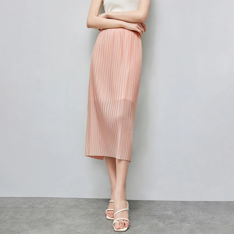 尚都比拉直筒百褶裙女2025夏季新款内置防透里布中长款一步半身裙