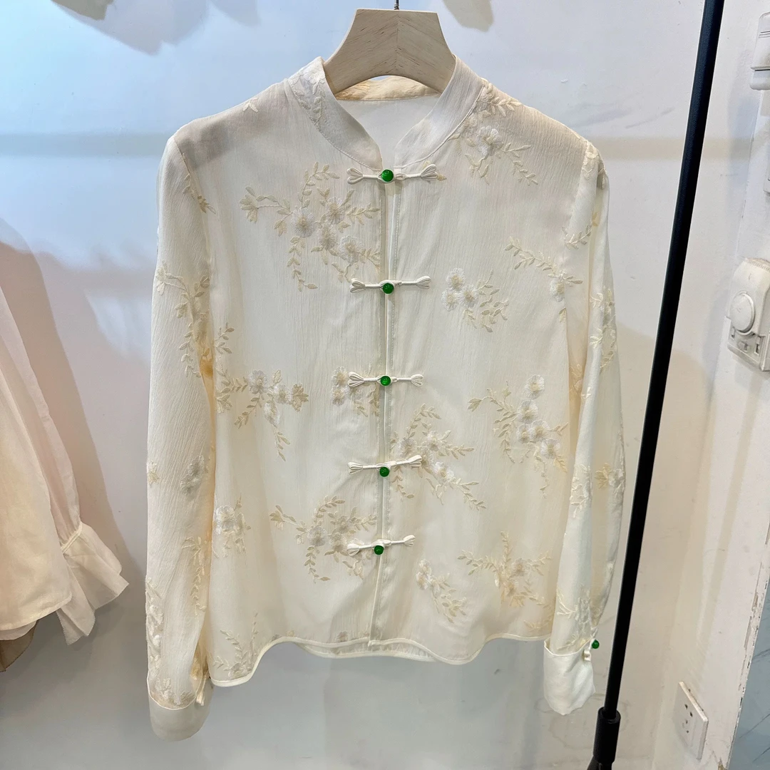 国风新中式刺绣盘扣立领长袖衬衫女2025春装透气质宽松时尚上衣
