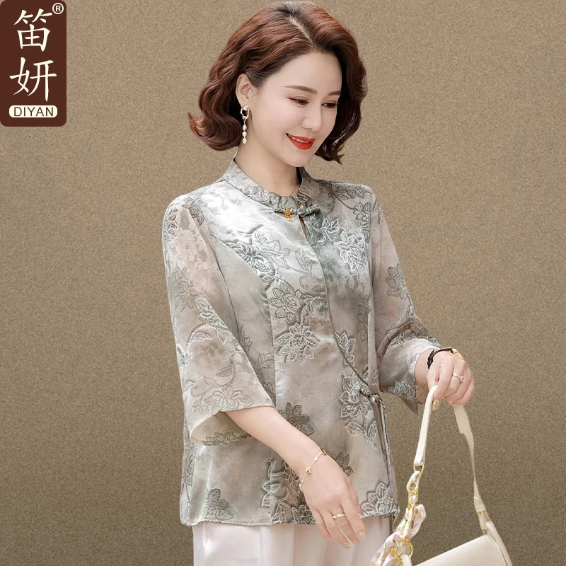 新中式妈妈夏装套装国风雪纺衬衫2025新款中老年春夏七分袖上衣女
