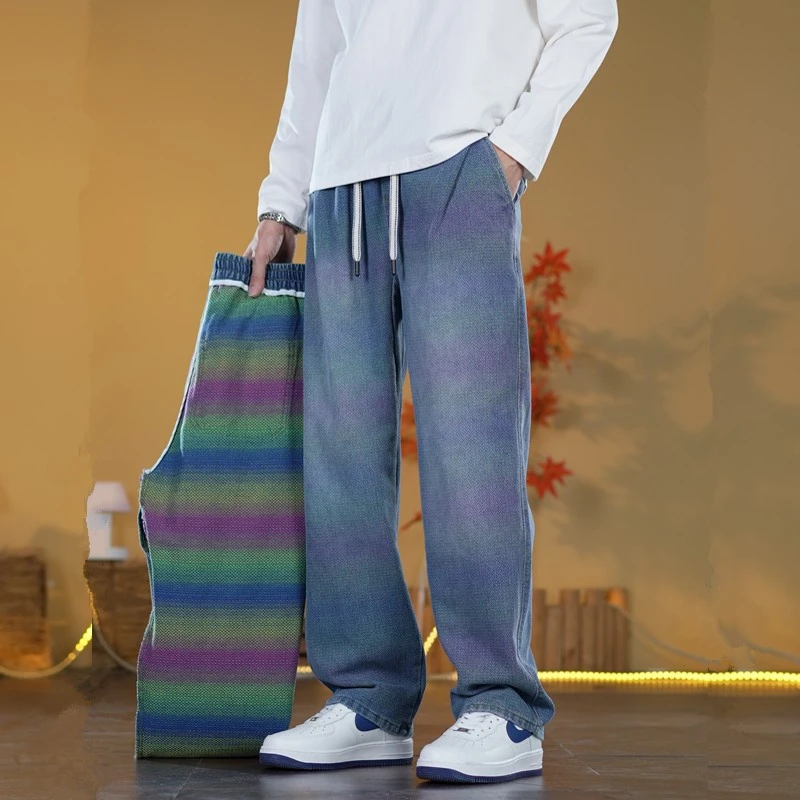 男士春秋卫裤牛仔裤休闲风松紧腰系带宽松显瘦微锥直筒牛仔裤男