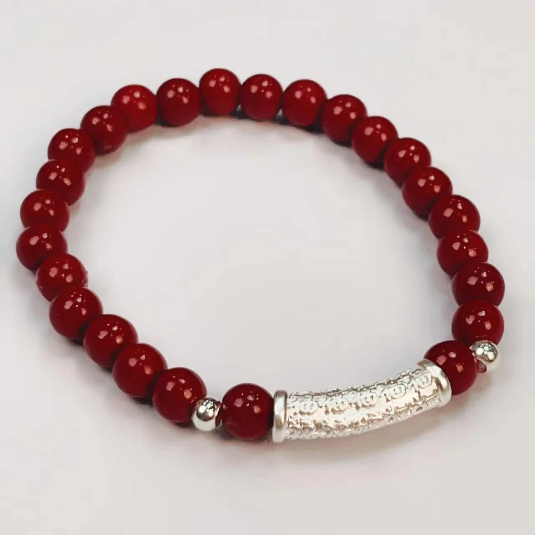 含辰砂工艺品Y-6108  足银百福弯管朱砂手链