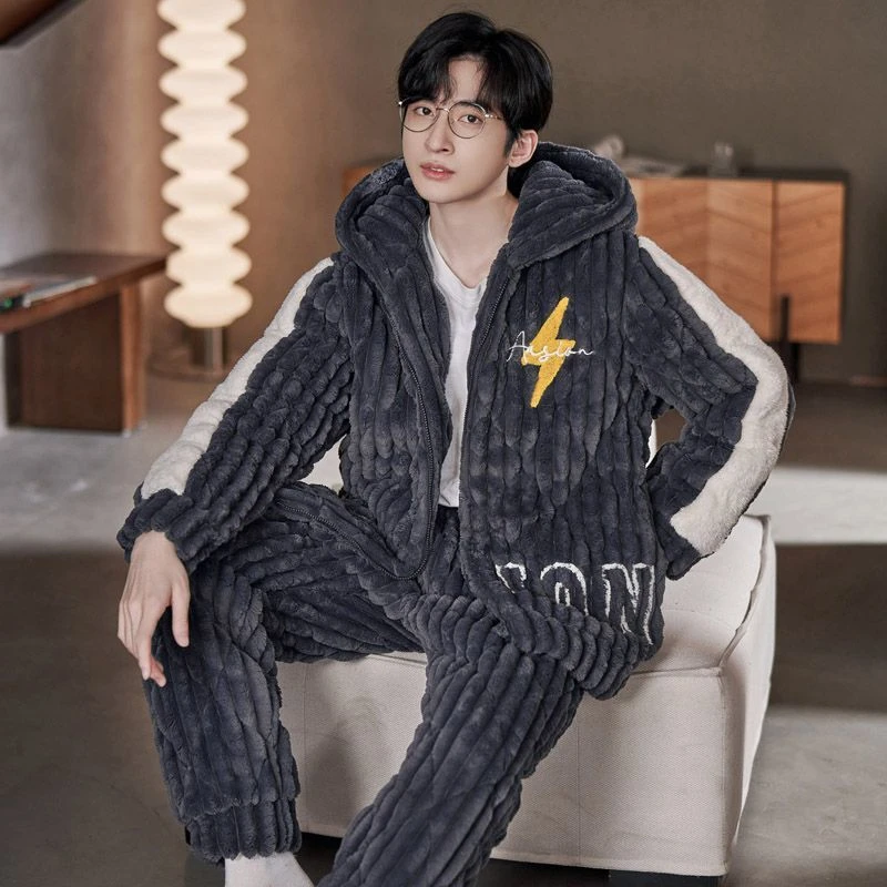 睡衣男三层夹棉珊瑚绒加厚加绒保暖超厚2024年冬季爆款家居服套装
