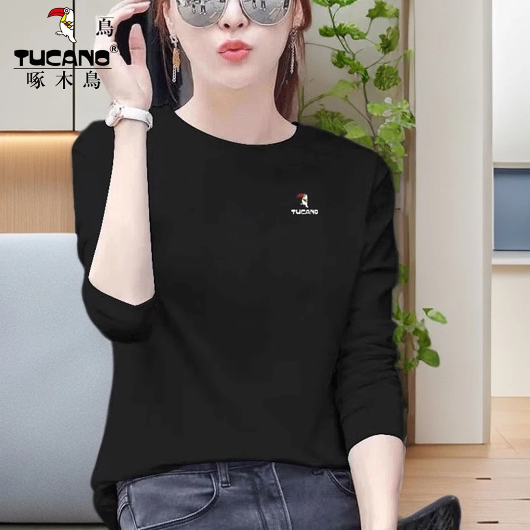 啄木鸟-纯棉长袖T恤春秋季2025新款中年妈妈短款圆领亲肤简约打底