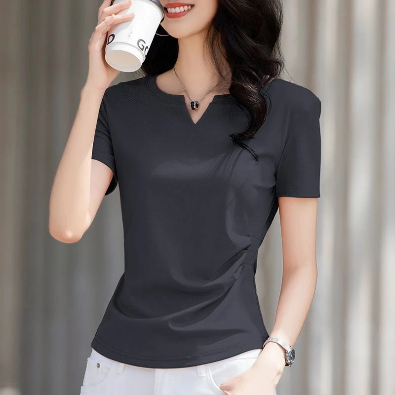 灰色小v领短袖t恤女2025夏季新款抽褶大码胖mm收腰显瘦上衣体恤潮
