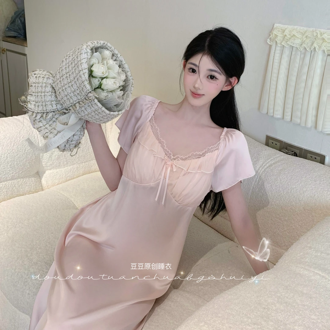 柔柔【粉雾】柔光软丝带胸垫套睡裙显瘦夏季显高显白家居服