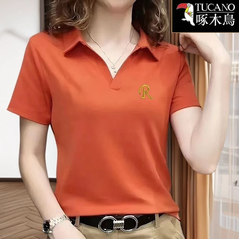 啄木鸟2025年新款翻领短袖刺绣t恤夏季中年女士时髦减龄纯色上衣