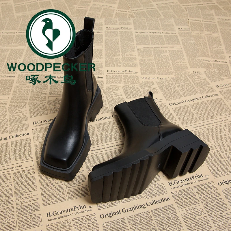 啄木鸟切尔西靴子2025年秋冬新款厚底马丁靴气质方头短靴春秋单靴