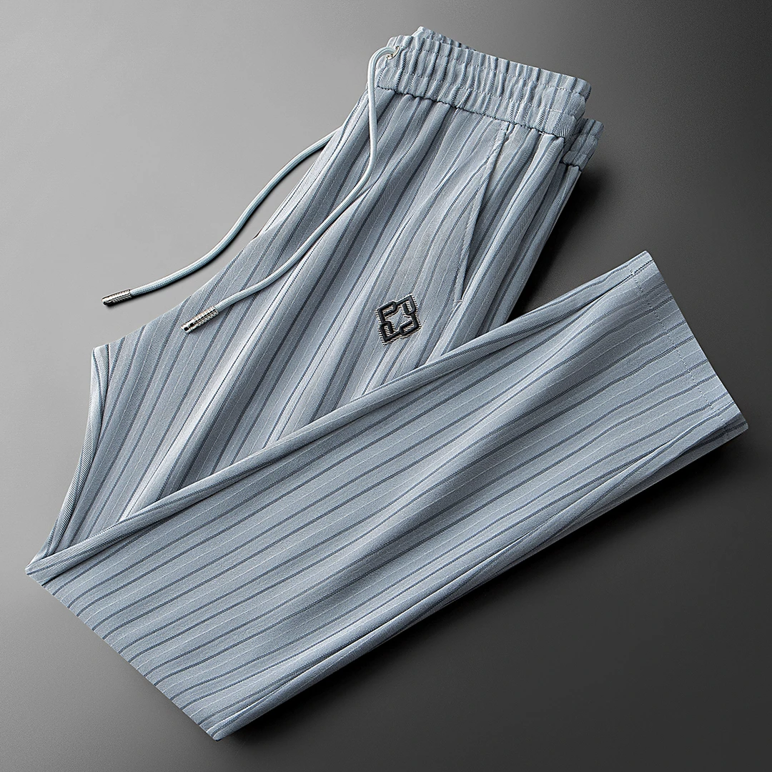 夏季轻奢英伦风透气冰丝雅赛尔条纹休闲裤男士修身小直筒卫裤男款