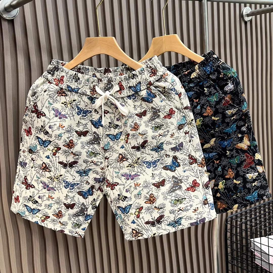 沙滩裤男网红潮牌花色蝴蝶短裤青年运动中裤男宽松直筒休闲五分裤