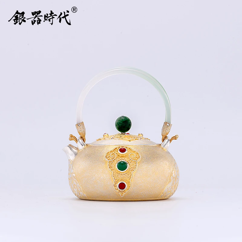 银器时代 银壶足银999泡茶壶玉润金辉提梁壶手工掐丝足银小茶壶